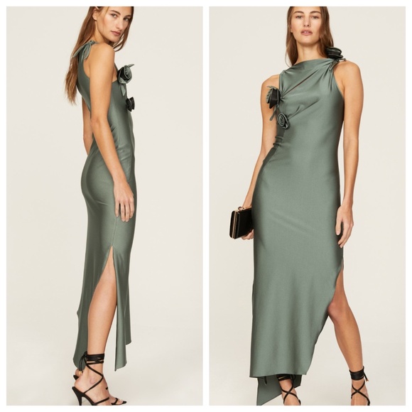 Coperni Cutout Sleeveless Asymmetrical Dress Gown Green Rose Flower - XL - Picture 1 of 13